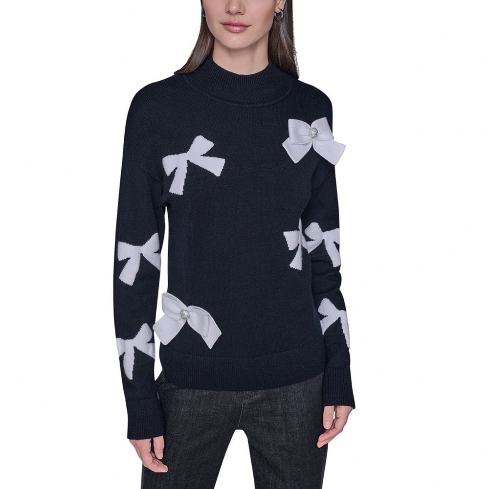 Karl Lagerfeld Paris 3D Bow Mock Neck Sweater Black White Medium NEW 5772398